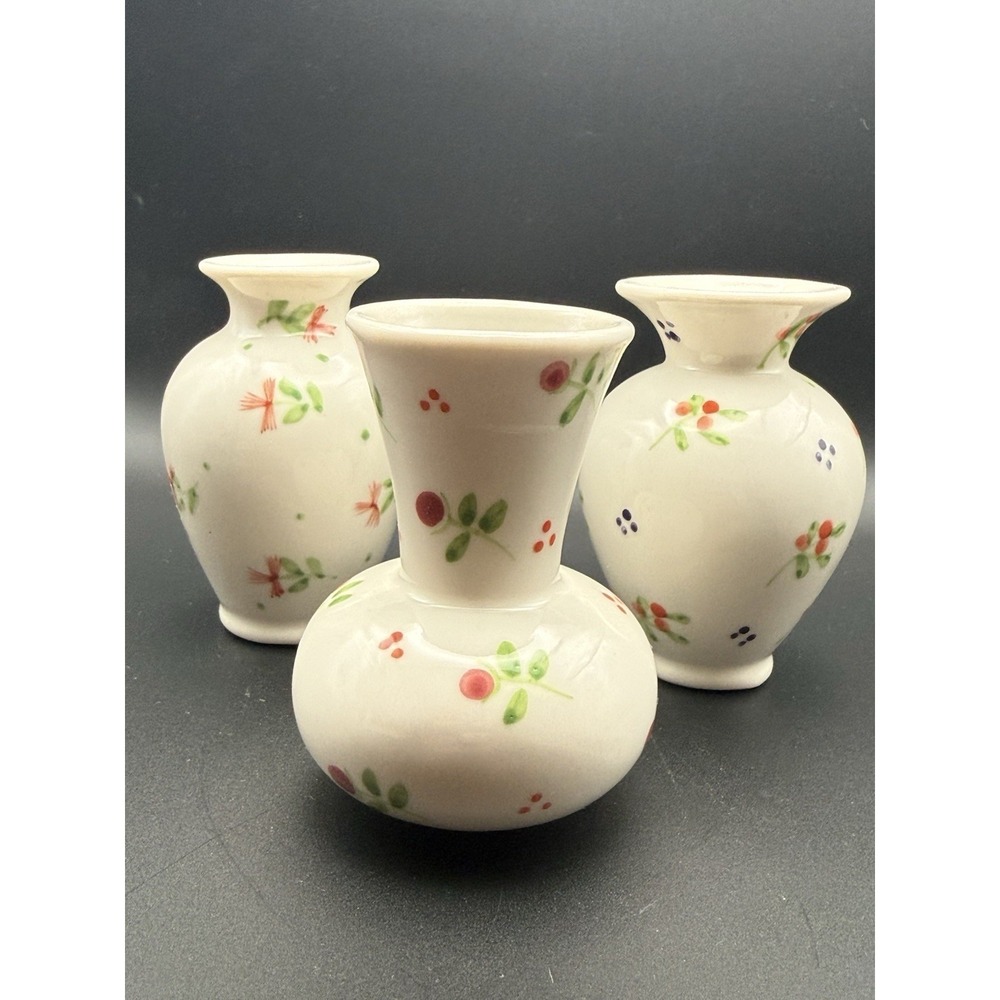 Lot 3 Vintage Mini Bud Vase White Ceramic Floral Hand Painted Cottagecore EUC